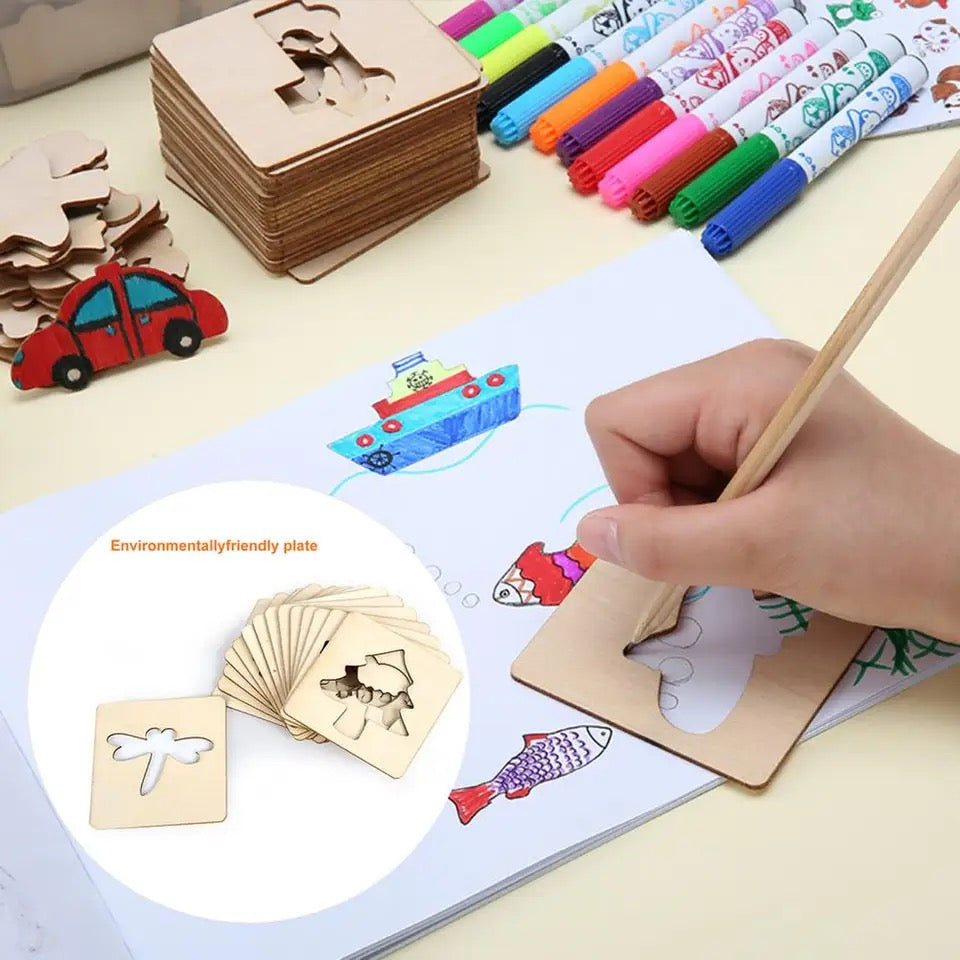 Set of Kids Drawing Stencils Watercolor Pen Early Educational Toy Wood DIY Art Craft Color Painting Templates Drawing Accessories