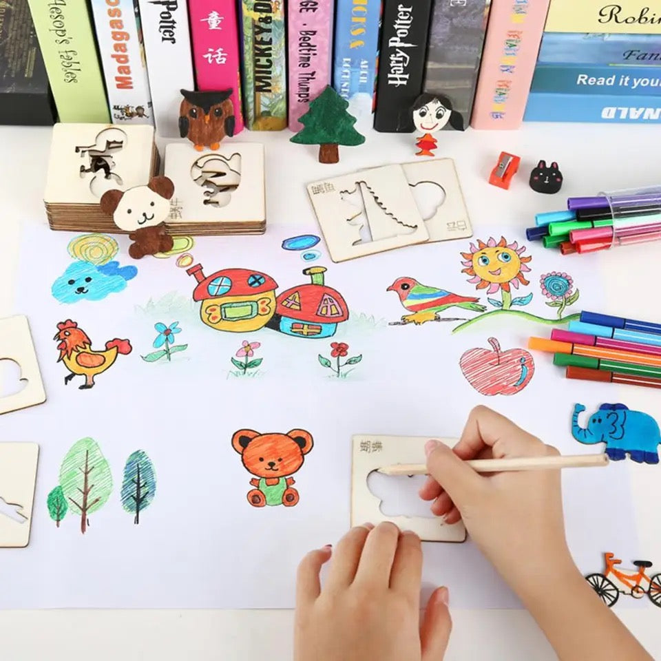 Set of Kids Drawing Stencils Watercolor Pen Early Educational Toy Wood DIY Art Craft Color Painting Templates Drawing Accessories